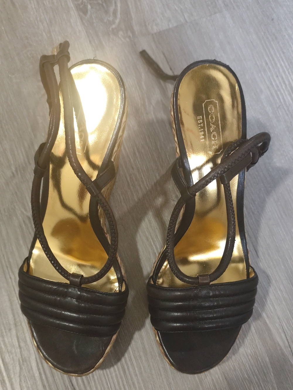 Coach Brown Leather Strappy Platform Heels with Gold Insole
